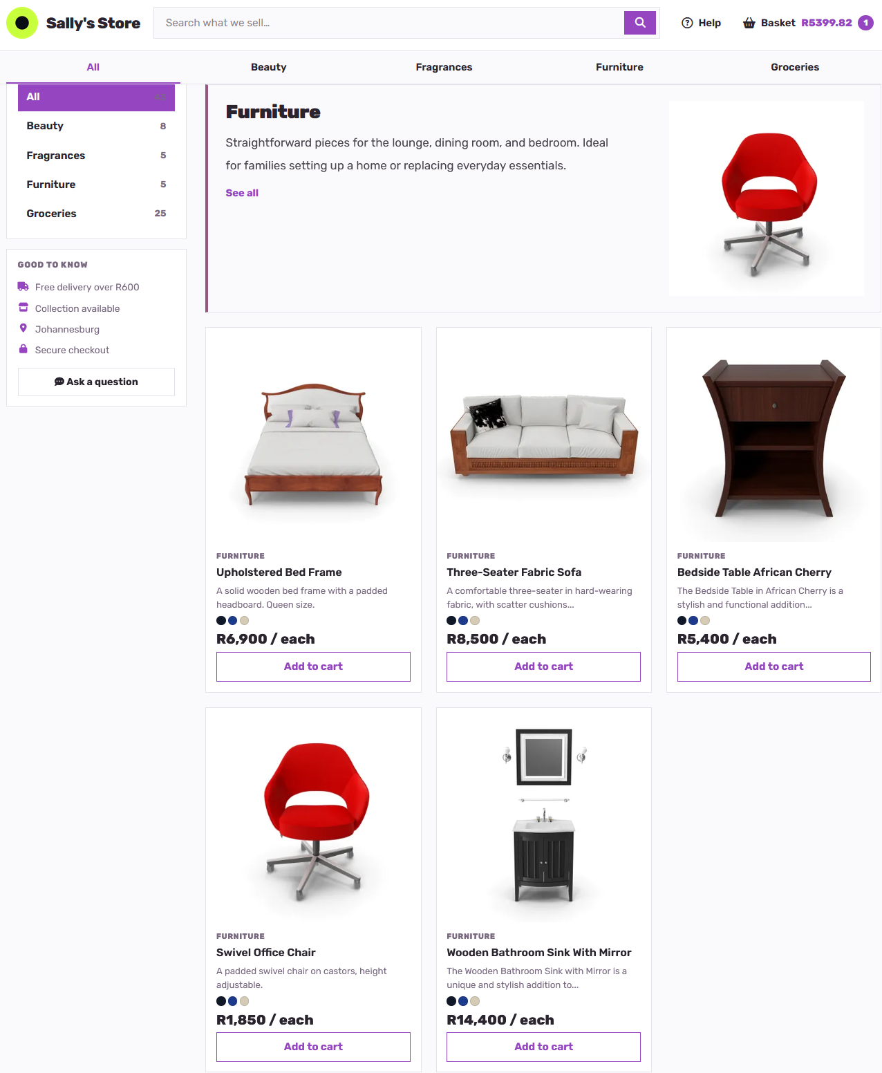 An online shop built by Ensiglo: category menu down the side, product grid with prices, and add-to-cart buttons